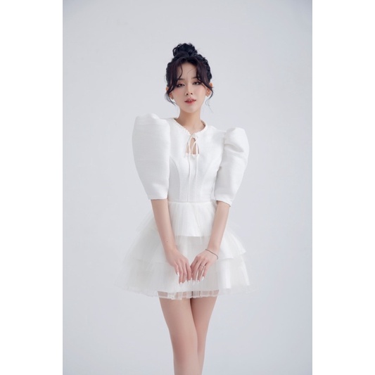 Đầm dáng xòe thiết kế tay phồng phối nơ 3 tầng chất liệu gấm hoa cao cấp 𝐇𝐚𝐧𝐢𝐞 𝐃𝐫𝐞𝐬𝐬