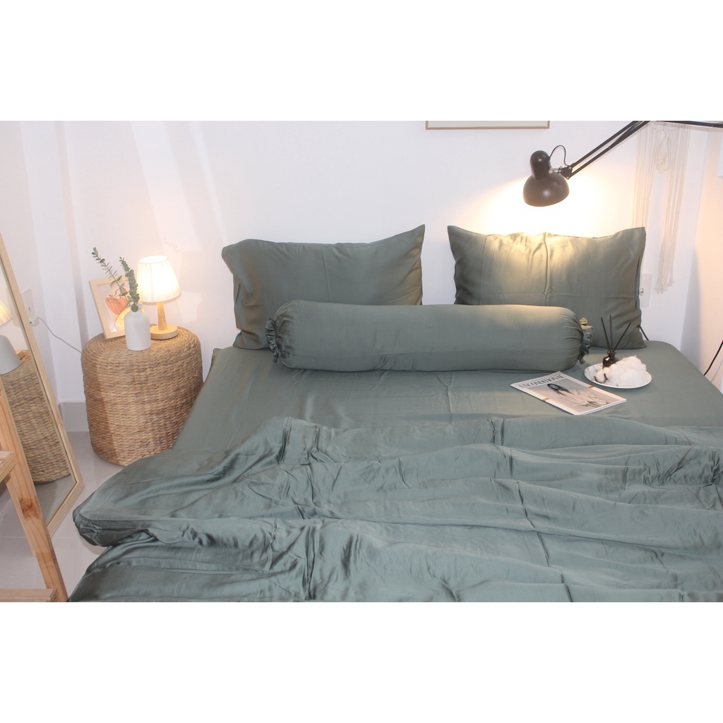 Bộ Chăn drap gối Tencel 60S màu trơn cao cấp mềm mại mịn màng vải nằm siêu mát- Mẫu Xanh Rêu
