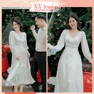 Váy cô dâu mặc tiếp khách đơn giản, váy cưới cô dâu lụa pháp, đầm đẹp dự tiệc chất liệu lụa Pháp K N Boutique