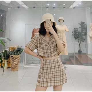 Set áo sơ mi croptop kèm chân váy ( hình thật ) 💛