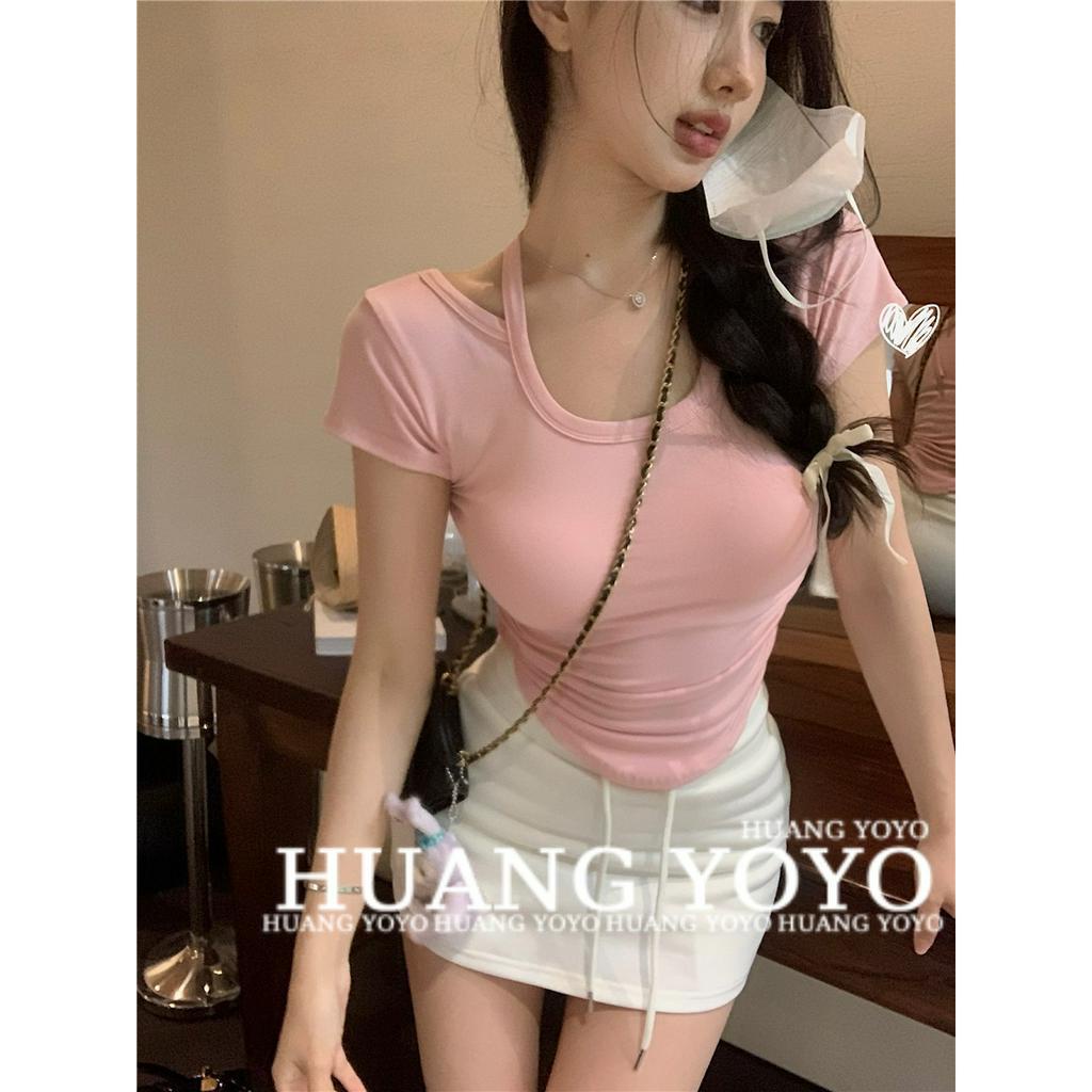 Áo Thun Croptop Tay Ngắn Cổ Tròn Màu Trơn Thiết Kế Không Đồng Đều Thời Trang Mùa Hè Mới Cho Nữ