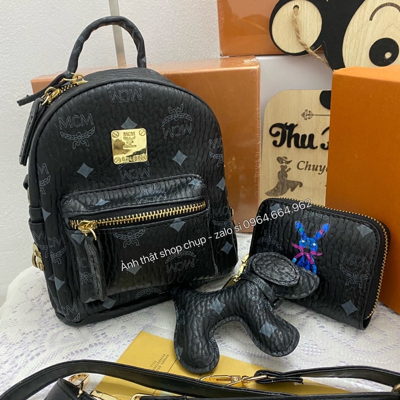 Balo mini MCM full sét như hình kèm ví và phụ kiện hàng QC fullbox (ảnh shop chụp - video shop quay)