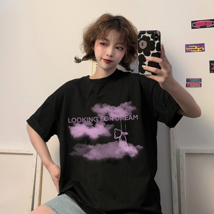 Áo Thun Nữ Ngắn Tay Dáng Dài In Hình Đám Mây Dễ Thương