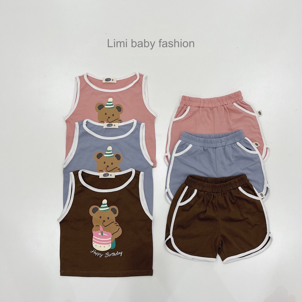 Bộ ba lỗ bé trai hoạ tiết gấu dễ thương, áo khoét nách mát mẻ cho bé, bộ không tay cho bé