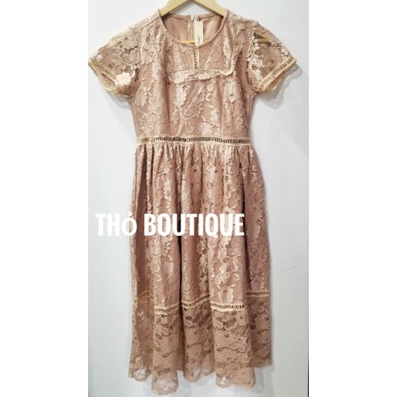 Đầm vintage midi xoè JINDNA ren hoa tay ngắn cổ tròn màu cam nude