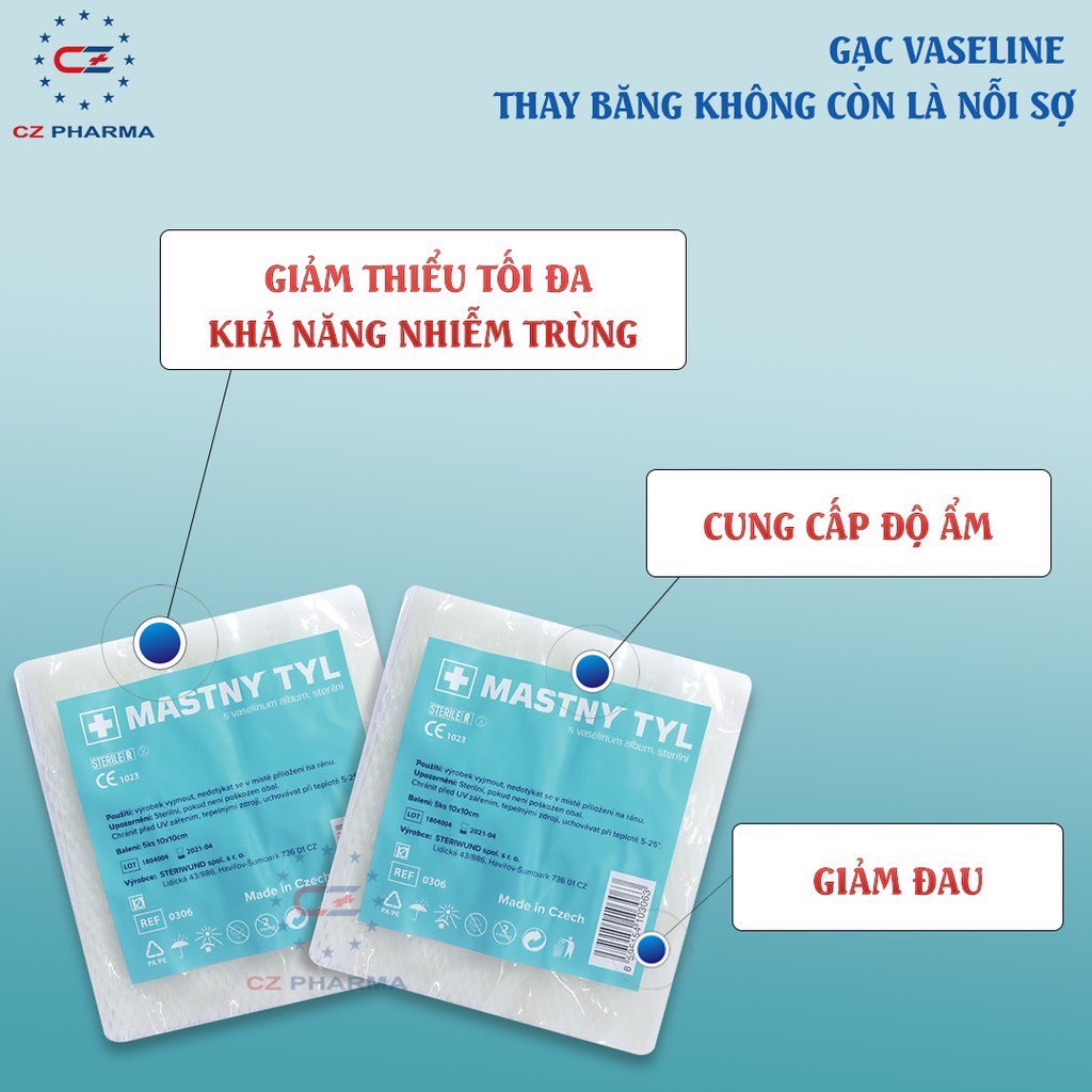 GẠC MỠ - GẠC POLYESTER tẩm  VASELINE không gây đau rát khi thay chống dính dùng cho vết thương hở (túi 5 miếng)