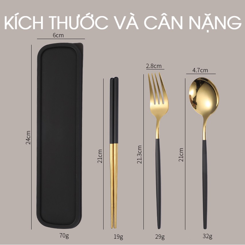 Bộ muỗng đũa nĩa thìa inox 304 mạ vàng dụng cụ ăn cơm trưa văn phòng dã ngoại cá nhân