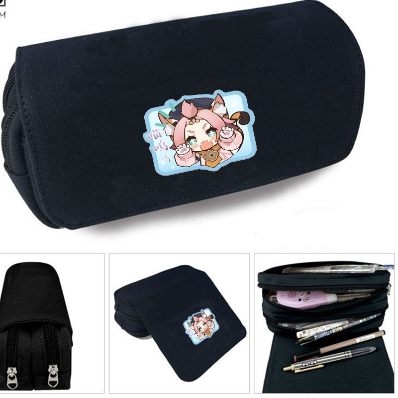 Hộp bút vải canvas khóa trắng NHÂN VẬT GENSHIN IMPACT game chibi anime đi học tiện lợi M2