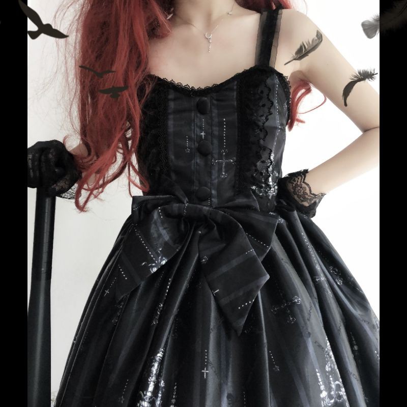 [Order] (6G2) Váy đầm Công chúa Lolita hai dây họa tiết búp bê ma mị dáng xòe loại đẹp màu trắng - đen