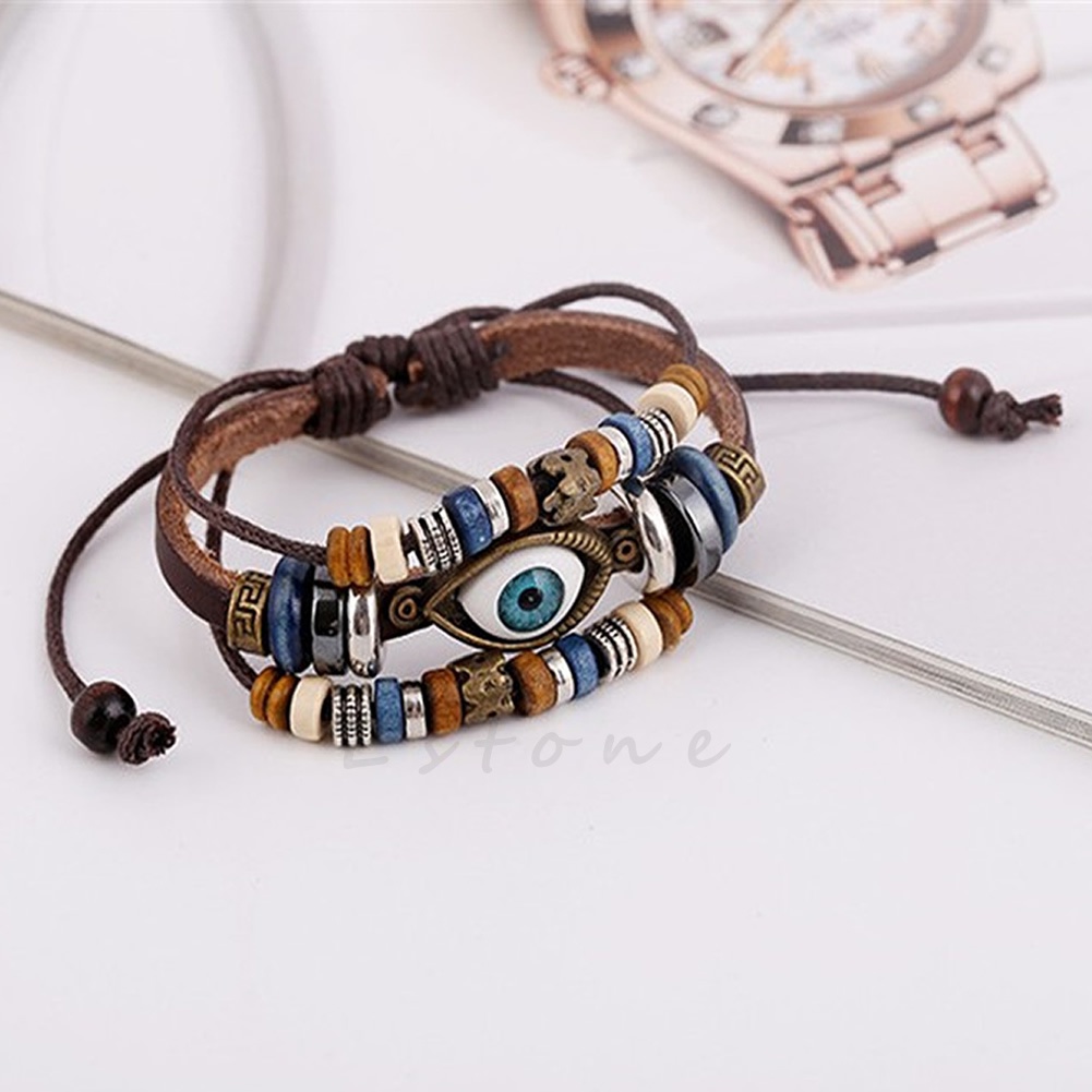 Vòng Tay Da Nhiều Lớp Màu Đồng Đính Đá Mắt Quỷ Phong Cách Thổ Nhĩ Kỳ