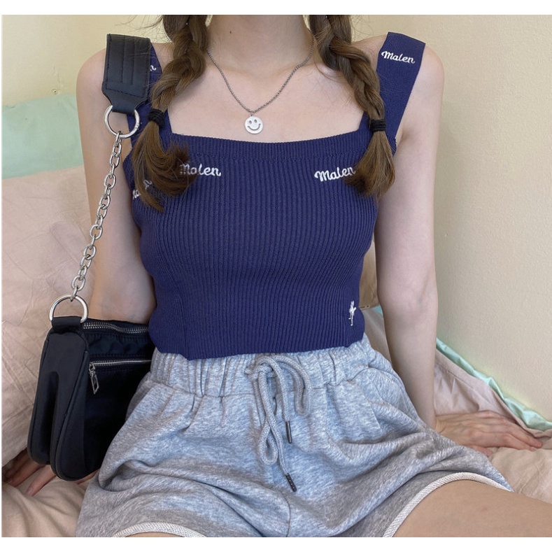 Áo hai dây bản to len tăm croptop thêu chữ A2S13