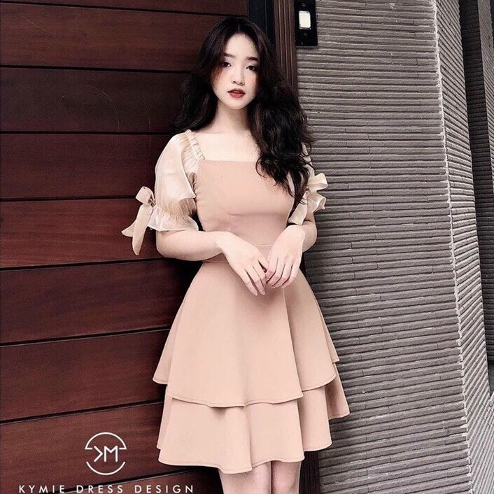Váy đầm nữ dáng xòe hai tầng bẹt vai (có mút) HT106