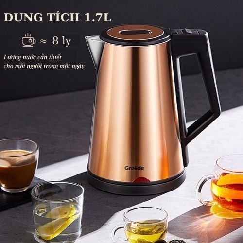 Ấm đun siêu tốc cao cấp 2 lớp cách nhiệt Grelide D2017k  - Hàng chính hãng bảo hành 2 năm
