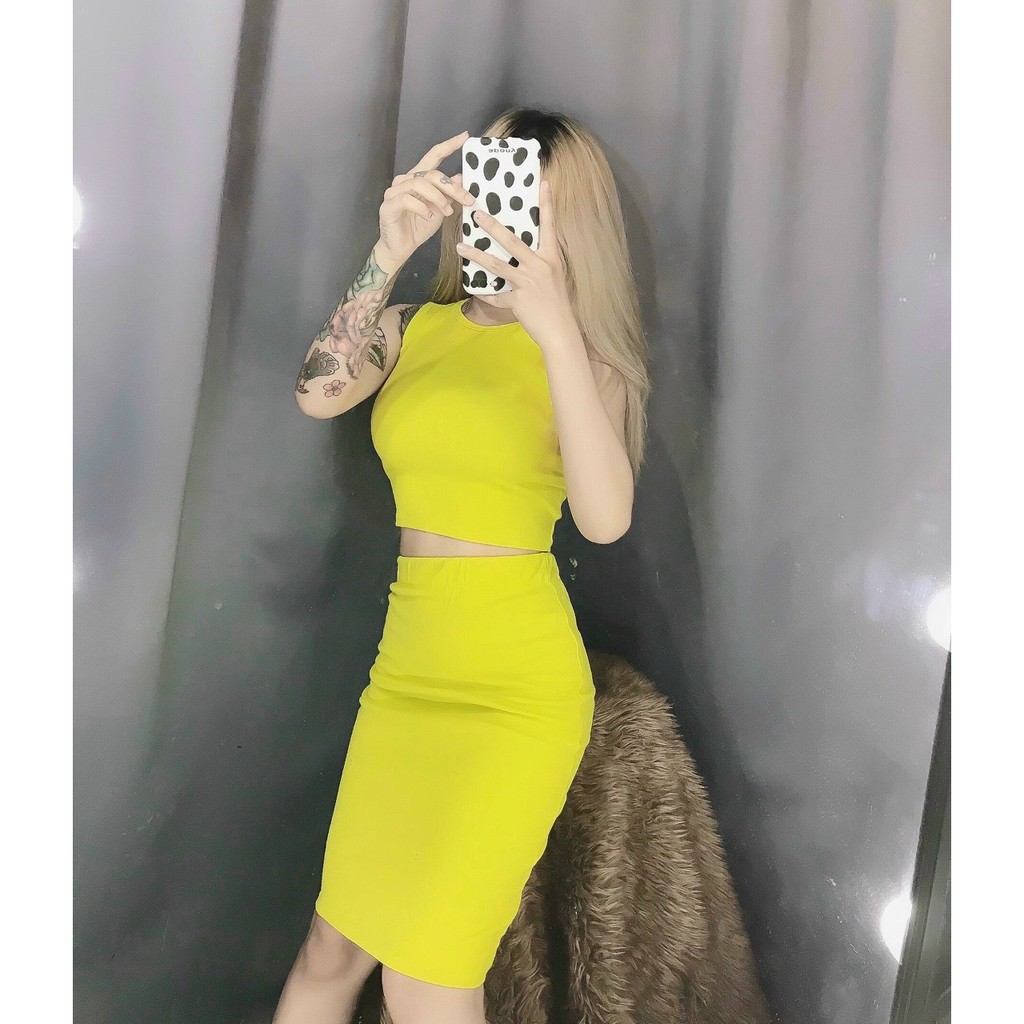 Sét bộ áo ba lỗ croptop trơn phối chân váy dài ôm body tôn dáng cực xinh , chất thun bozip mềm mịn