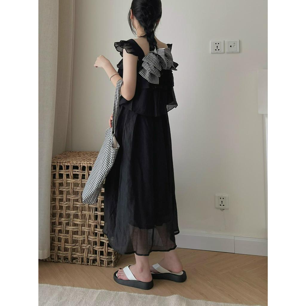 Set áo 2 dây cánh tiên tầng kèm chân váy dài chất tơ đũi