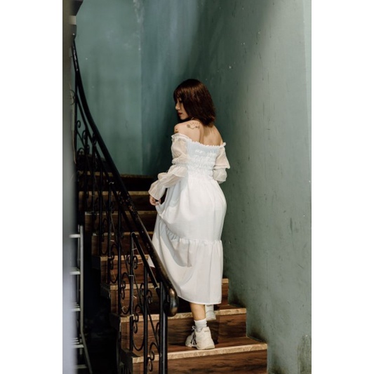 Váy trắng nữ,đầm trễ vai tay voan bánh bèo đi biển,du lịch,đi chơi HD7 | BigBuy360 - bigbuy360.vn