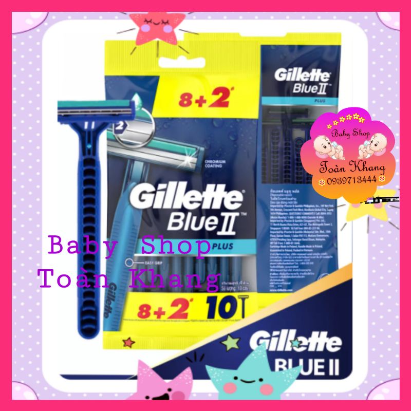 BỘ 10 DAO CẠO RÂU GILLETTE BLUE 2 PLUS CÁN XANH GÓI 8 CÁI + 2 CÁI