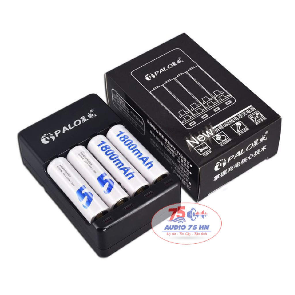 Combo gồm Sạc pin và 4 pin tiểu sạc Palo AA 1800mAh cho xe điều khiển, đồ chơi, chuột máy tính...