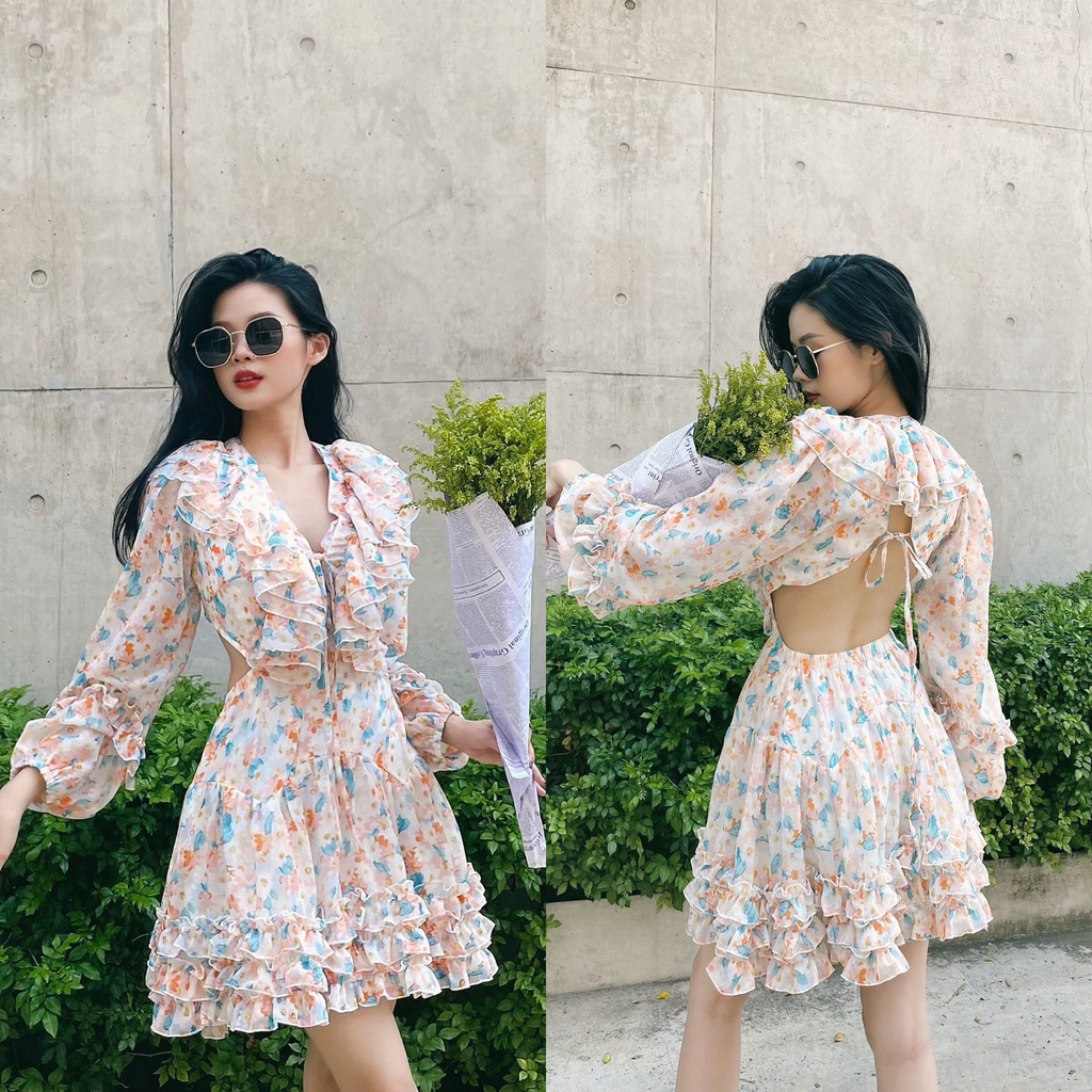 Đầm hoa phối bèo cutout eo hở lưng 💖 KÈM ẢNH THẬT