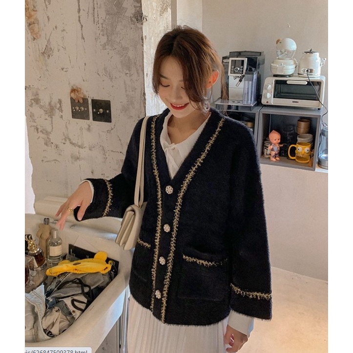 DẠ TWEED | Áo Khoác Cardigan Len Nữ Giả Dạ Tweed Cổ V Dài Tay Dày Dặn Hàng Quảng Châu, Phong Cách Hàn Quốc