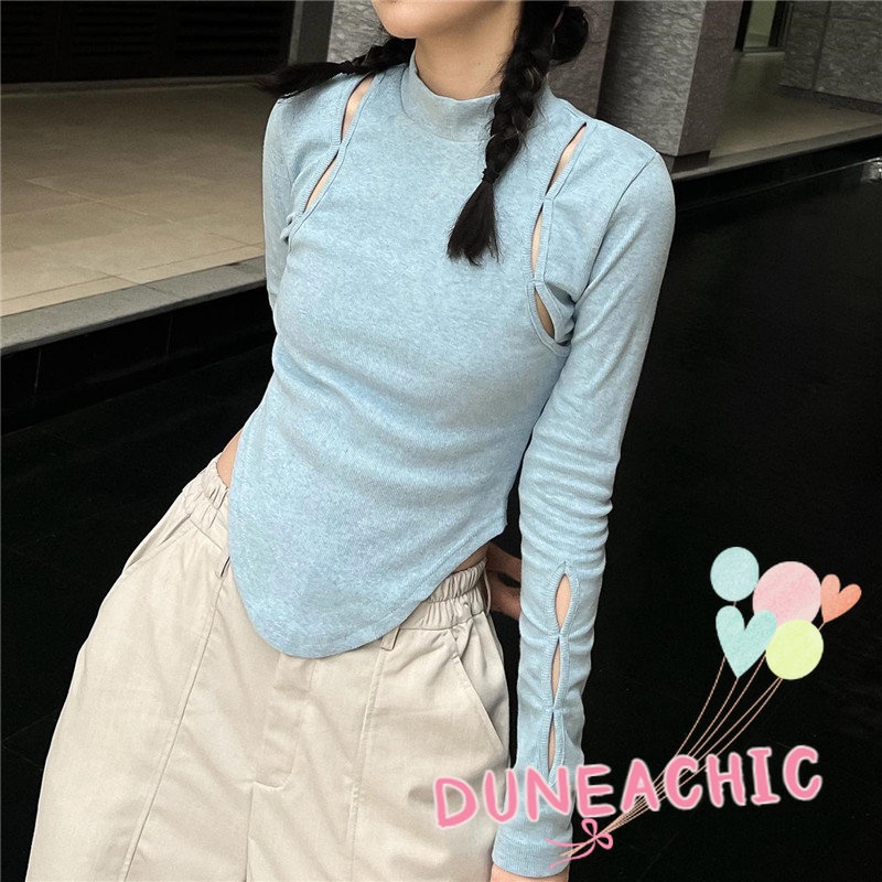 DUNEA Áo Thun Nữ Tay Dài Cổ Cao Màu Trơn Thời Trang