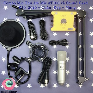 Bộ livestream Mic AT100 chính hãng sound card k10 đời 2020 đi kèm chân kẹp màng lọc cho hát thu âm và karaoke dễ dàng