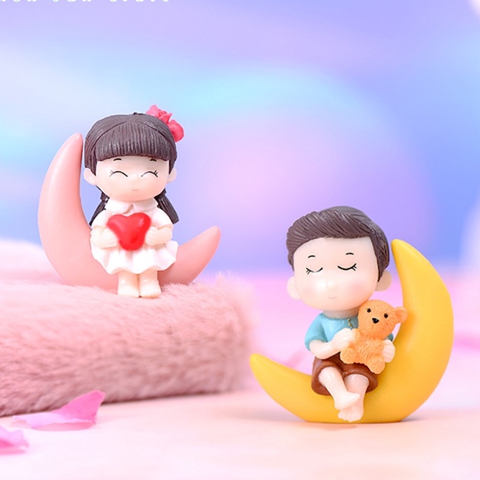 Búp bê đôi ôm mặt trăng, tượng búp bê trang trí chậu cây cảnh, bonsai, nhà mô hình