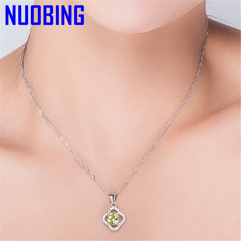 Fashion Lucky Clover Olive Crystal Peridot Gemstones Diamonds Pendant Necklaces For Women White Gold Silver Color Choker Jewelry|Pendants|