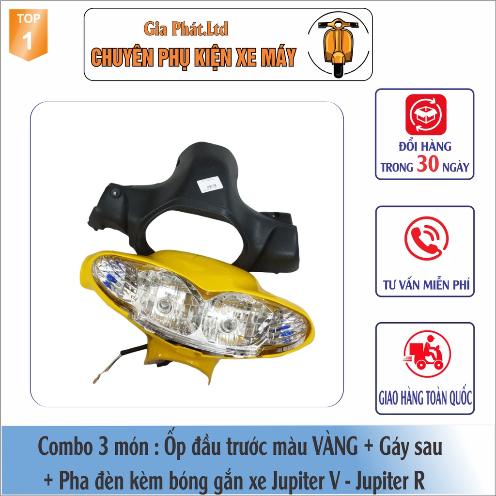 Combo ốp đầu đèn xe JUPITER V, JUPITER R màu VÀNG đầy đủ 3 món: ốp đầu, gáy đen và pha đèn kèm bóng