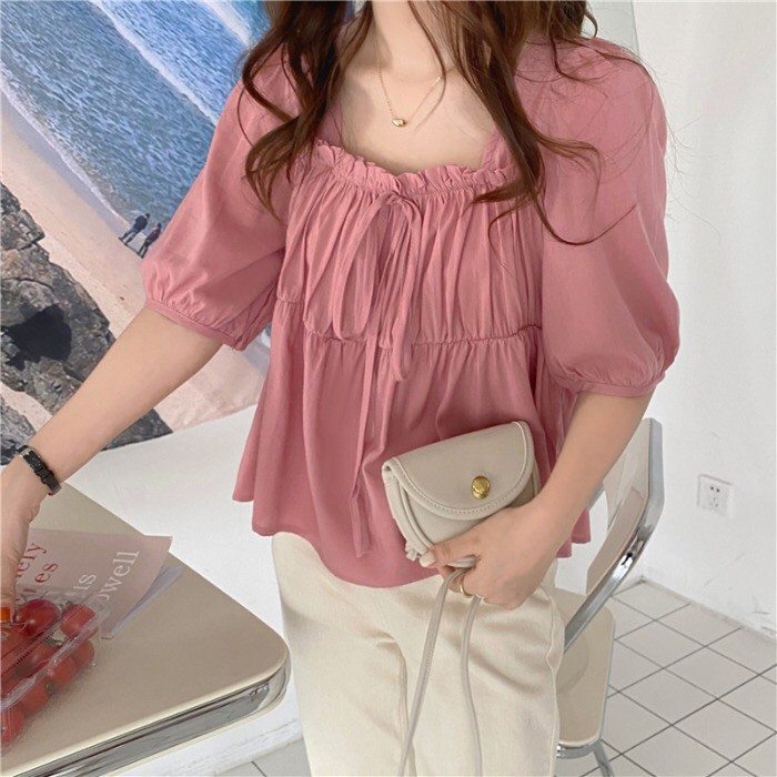 Áo sơ mi nữ tay bồng xếp ly ngực dáng babydoll | BigBuy360 - bigbuy360.vn