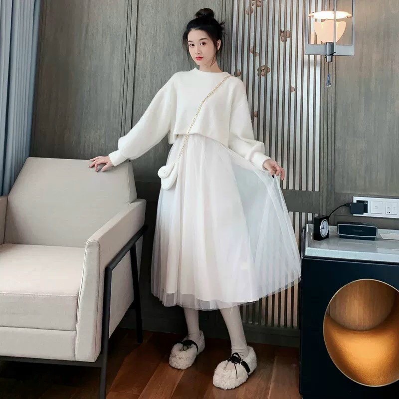 SET CÔNG CHÚA VÁY 2 DÂY CHÂN VOAN VÀ ÁO DẠ LÔNG KÈM TÚI ĐEO