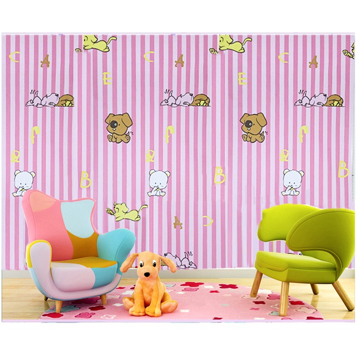 Giấy dán tường chó snoopy trên nền sọc xinh khổ rộng 0.45m