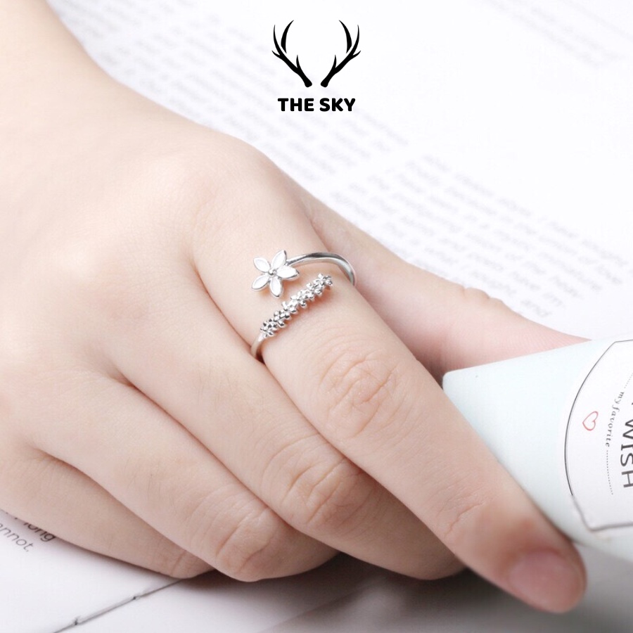 Nhẫn Bạc Nữ THE SKY NB13 Mặt Hình Bông Hoa Cách Điệu Xinh Xắn Freesize