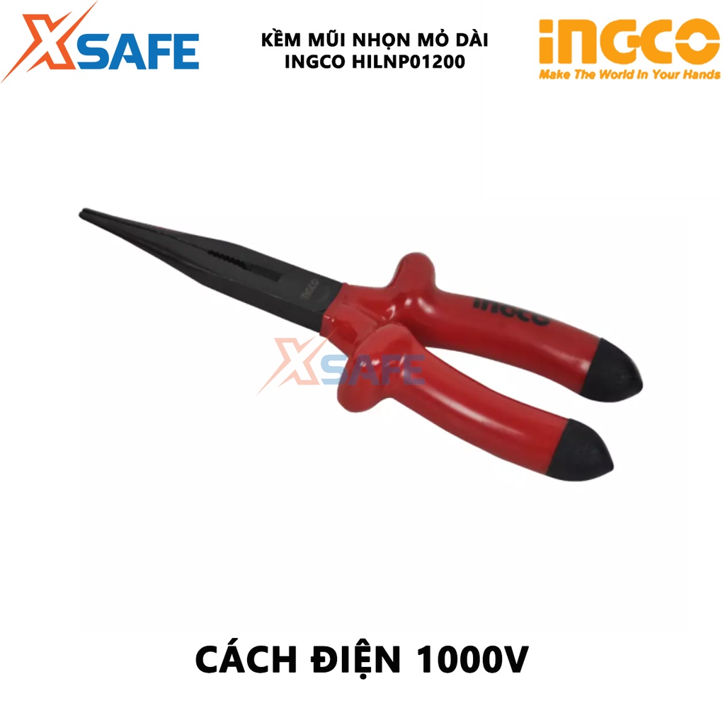 Kìm mũi nhọn mỏ dài cách điện INGCO HILNP01200 | kềm cách điện Kích thước 8 inch/200mm Tay cầm bọc nhựa chuyên dụng