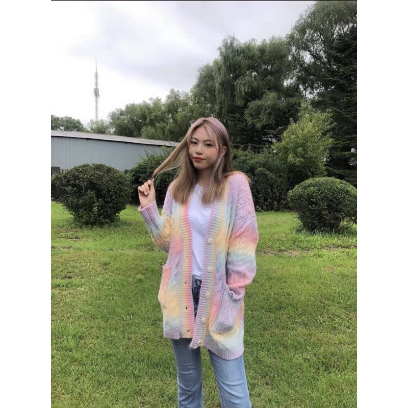 Áo khoác len màu cầu vồng Rainbow cardigan phiên bản dài phong cách ulzzang | BigBuy360 - bigbuy360.vn