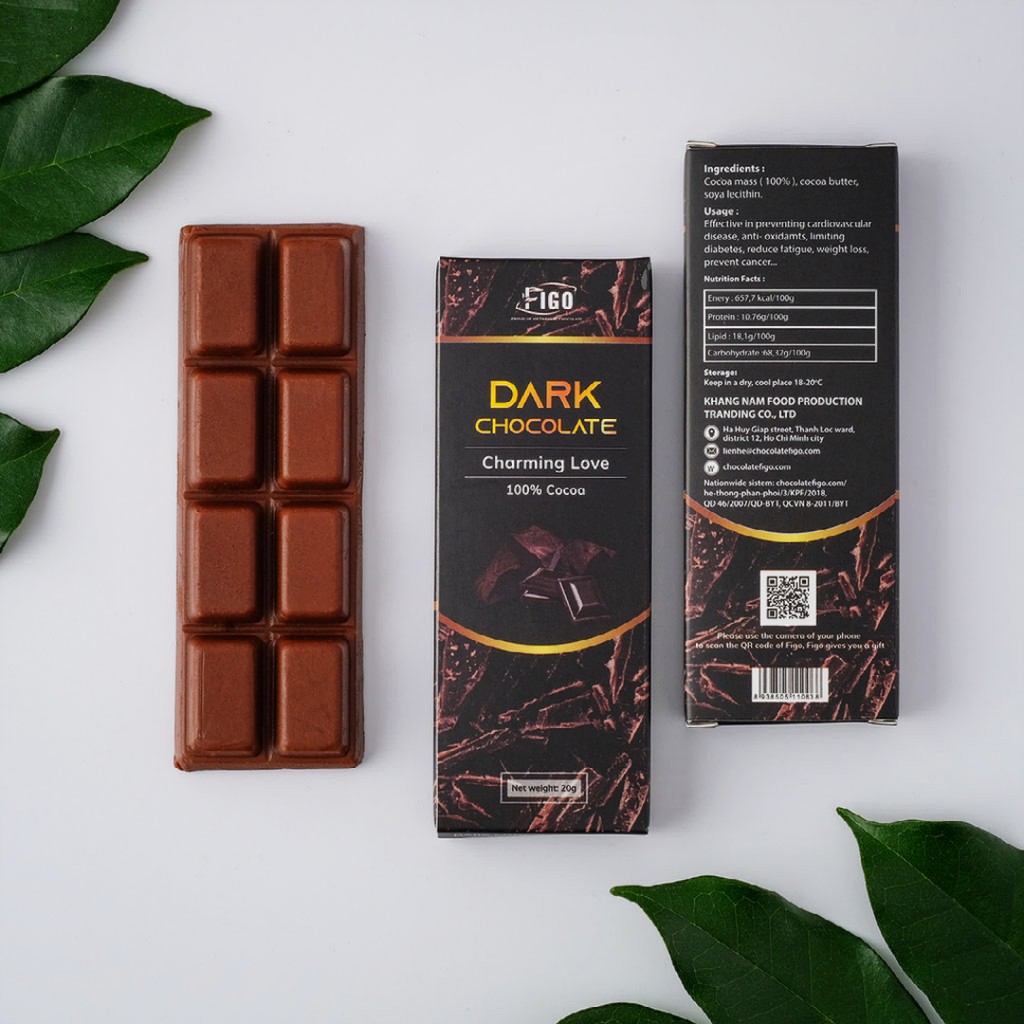 Combo 4 Hộp Dark Chocolate 100 cacao 20g không đường Figo, đồ văn vặt giảm cân, ăn kiêng