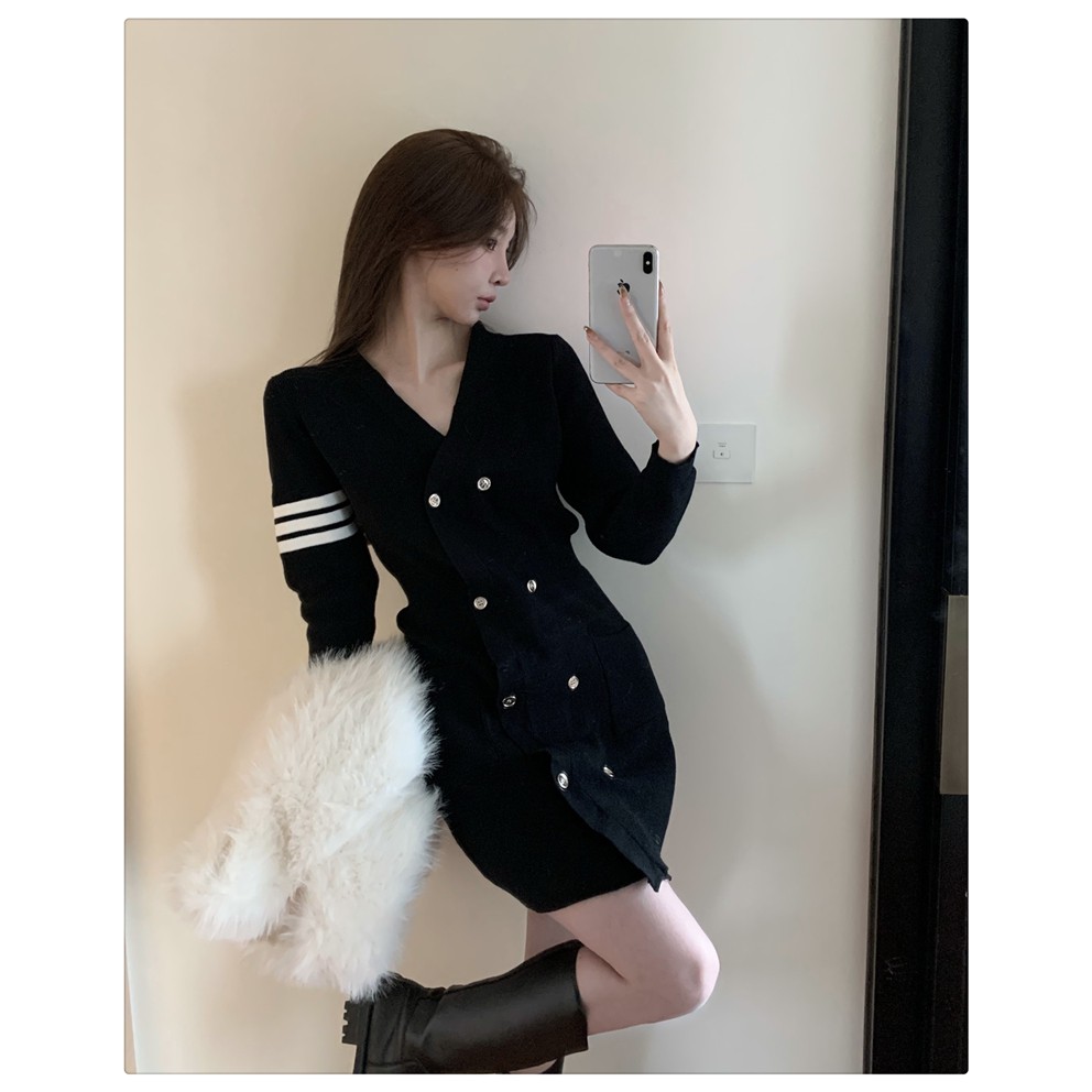 Đầm len dài tay kẻ sọc phong cách tiểu thư thanh lịch sang trọng hàng Quảng Châu đầu mùa thu mới 2021