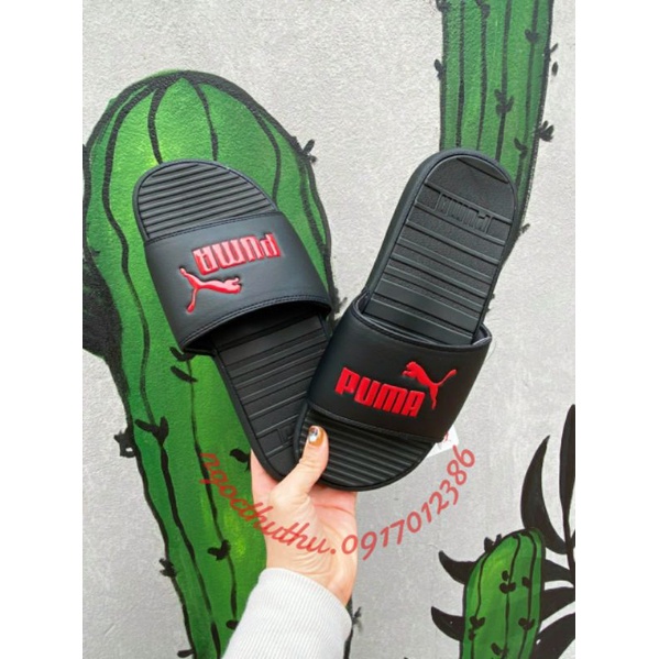 Dép Pu.m.a đen logo báo đỏ