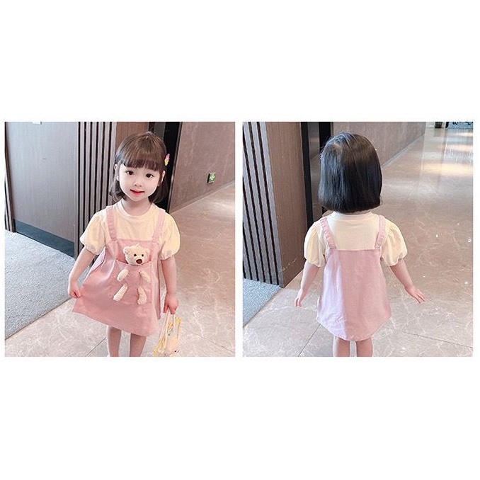 Bộ Áo Thun In Hình Gấu Kèm Váy Yếm Dễ Thương Thời Trang Mùa Hè Cho Bé Gái