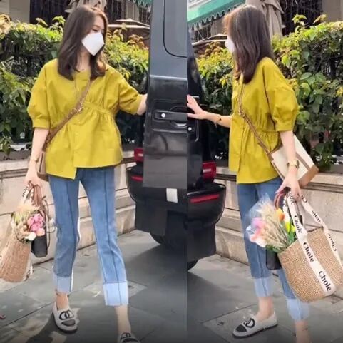 Bộ Áo Sơ Mi Ôm Eo + Quần Jean Dài Lệch Tà Thời Trang Mùa Hè Hàng Mới 2022 Dành Cho Bạn Nữ