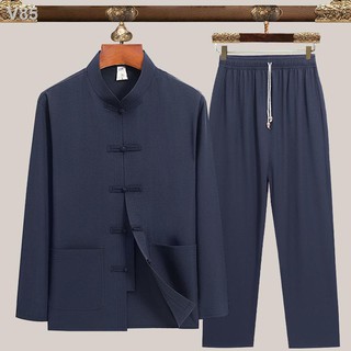 ✼▣Tang suit nam dài tay vải cotton và lanh, quần áo trung niên già, bài tập Thái Cực Quyền buổi sáng kiểu Quốc, có khóa,