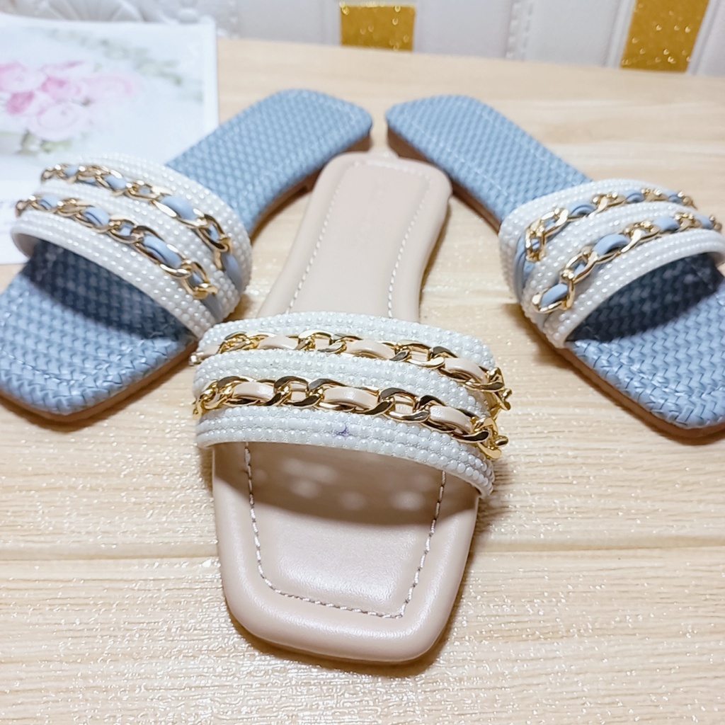 Dép Nữ Đế Bệt Hở Mũi  MINHTUYETSHOES- Dép Nữ Quai Ngang Đính Đá Dây Xích Mẫu Mới Bền Đẹp Giá Tốt Đi Chơi,Đi Biển mã DNX1