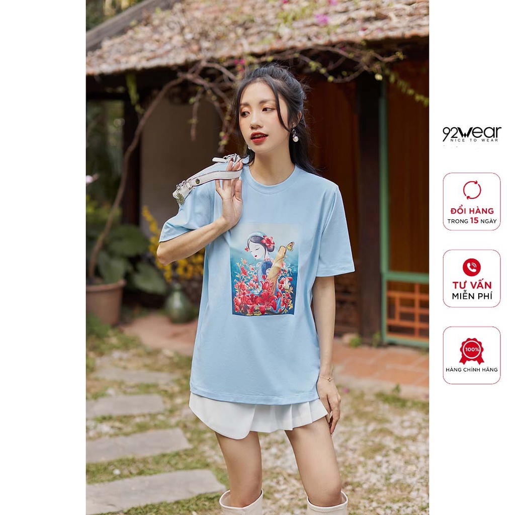 Áo phông nữ ngắn tay cổ tròn in hình cô gái 92WEAR, thiết kế trẻ trung, cá tính ATA2256