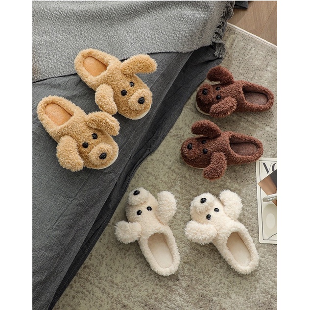 Dép bông đi trong nhà hình thú hình chó con siêu đáng yêu  đế cao su siêu êm, dép lông nam nữ
