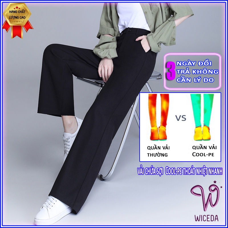 Quần ống rộng suông dài cạp cao đẹp,quần culottes dài chất tuyết mưa dày dặn hai màu đen be sáng  Wiceda QT660