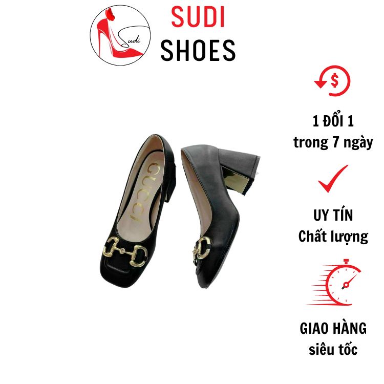 Giày cao 5 phân đế vuông bít mũi vuông có khóa sau mảnh đính hình Gucci sang chảnh SUDI - SD017BAF