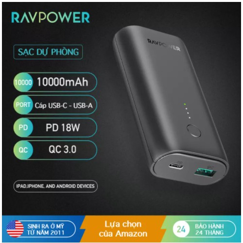 {2021} Sạc dự phòng RAVPower RP-PB205 10000mAh PD 18W QC 3.0