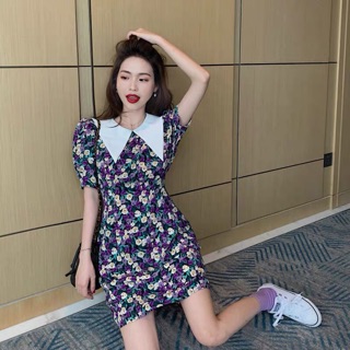 (Ảnh thật) Váy đầm hoa nhí màu tím dáng ôm chữ A cổ nhọn Ulzzang