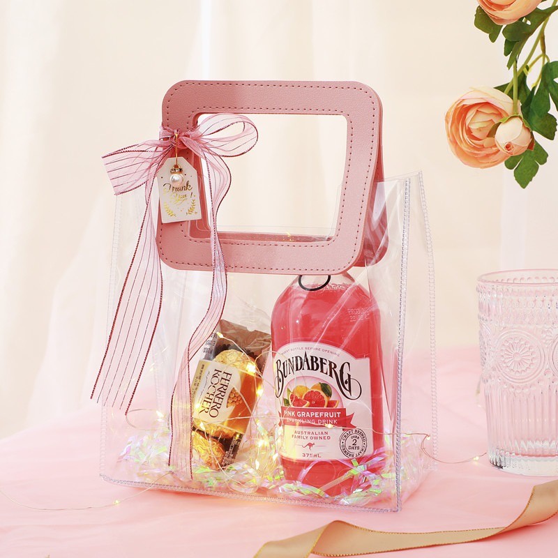 [Quai Hồng - Nhựa Siêu Dày] Túi Nhựa Trong Suốt Dé Store Có Quai Cầm Bằng Da Phong Cách Hàn Quốc