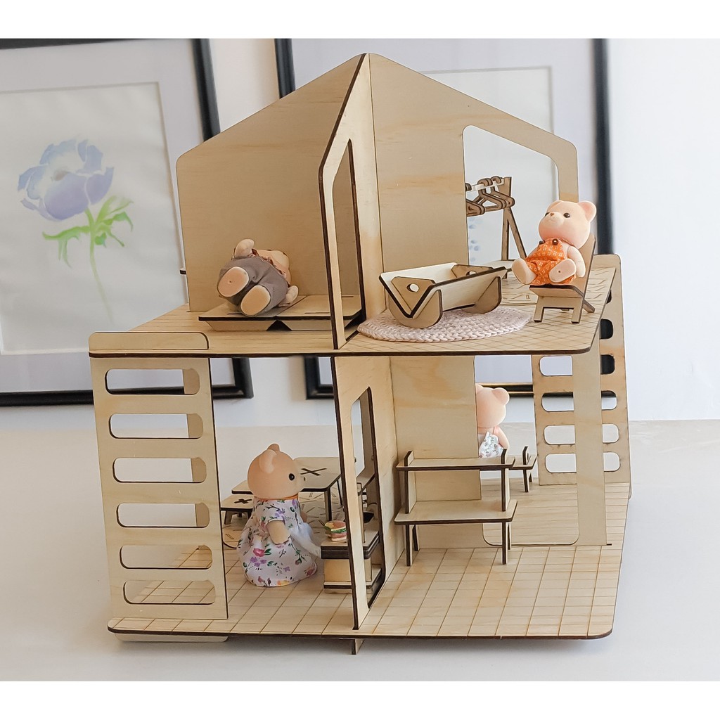 Mô hình nhà búp bê gỗ kèm nội thất lắp ráp
